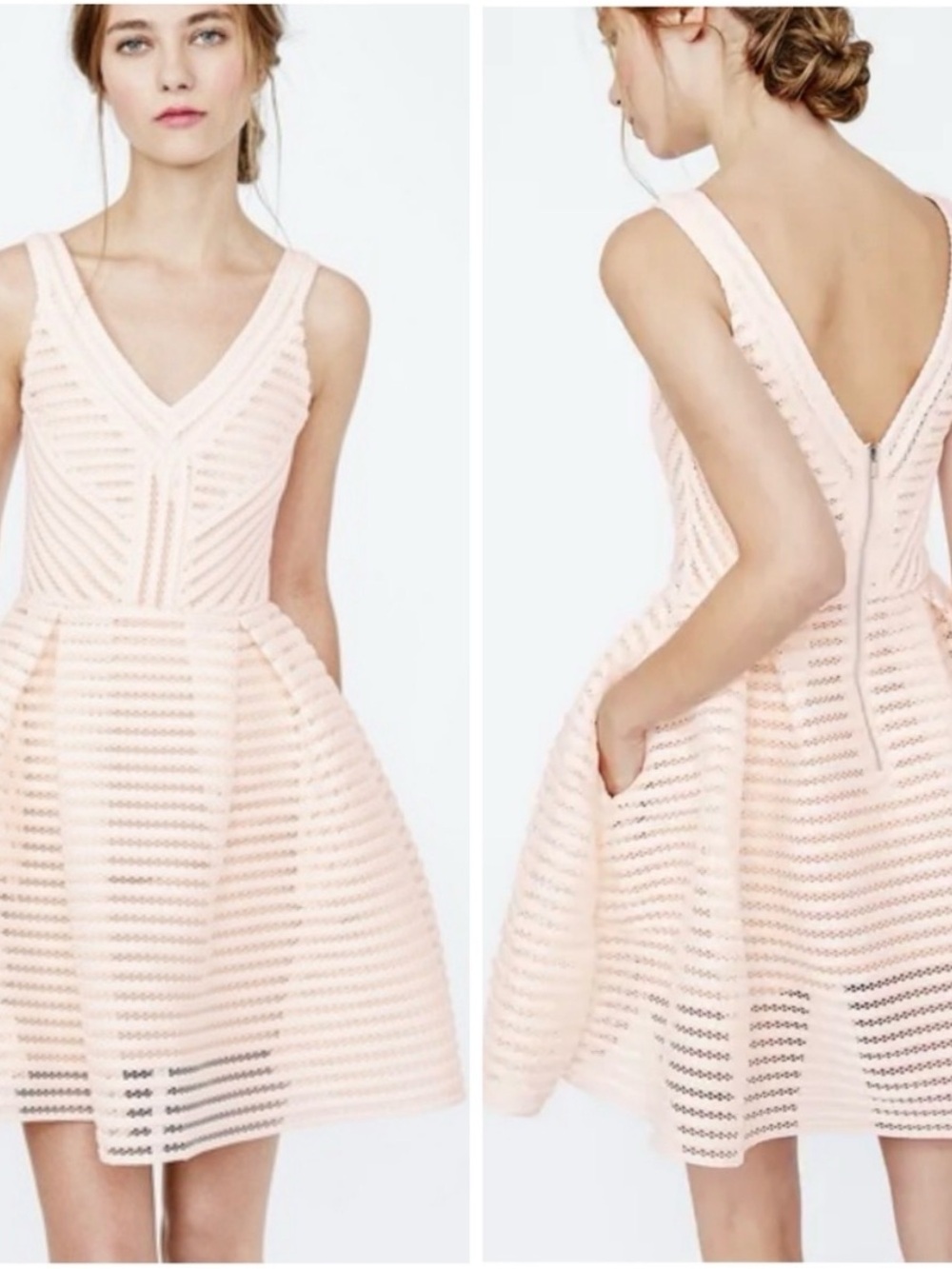 Maje Pale Pink V-Neck Textured Fit-and-Flare Midi Dress